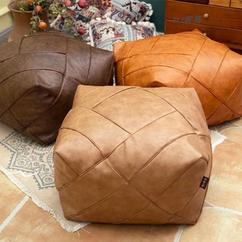 Retro stiliaus rankų darbo PU Odos Maroko pouf 48x48x38cm apdaila sėdynės pagalvė pagalvėlės be šerdies. nuimamas pagalvėlės atveju Nuotrauka 1