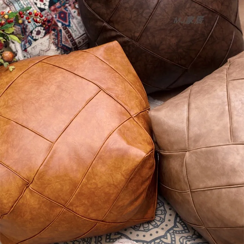 Retro stiliaus rankų darbo PU Odos Maroko pouf 48x48x38cm apdaila sėdynės pagalvė pagalvėlės be šerdies. nuimamas pagalvėlės atveju Nuotrauka 2