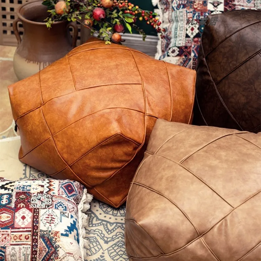 Retro stiliaus rankų darbo PU Odos Maroko pouf 48x48x38cm apdaila sėdynės pagalvė pagalvėlės be šerdies. nuimamas pagalvėlės atveju Nuotrauka 3