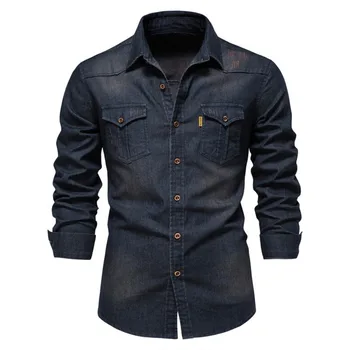 Nauji denim marškinėliai vyriški laisvalaikio vientisa spalva ne geležies ilgomis rankovėmis marškinėliai