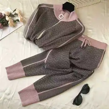 Moterų Nauja Rudens Žiemos Trikotažo Mados Modelis Dryžuotas ilgomis Rankovėmis Megztiniai Megztinis Tracksuit Kostiumas Moterims Atsitiktinis Dviejų dalių Komplektas