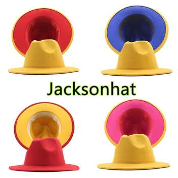 Paprasta geltona ir raudona dvipusis fedora skrybėlę moterų platus kraštų stataus džiazo skrybėlę rudens ir žiemos unisex Panamos skrybėlė