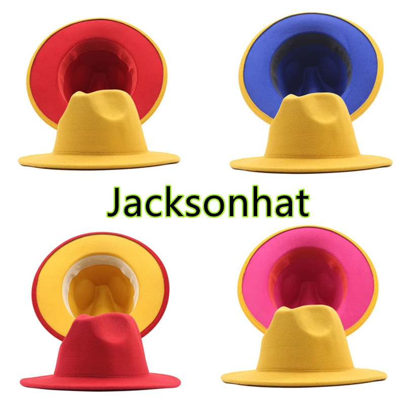 Paprasta geltona ir raudona dvipusis fedora skrybėlę moterų platus kraštų stataus džiazo skrybėlę rudens ir žiemos unisex Panamos skrybėlė Nuotrauka 0