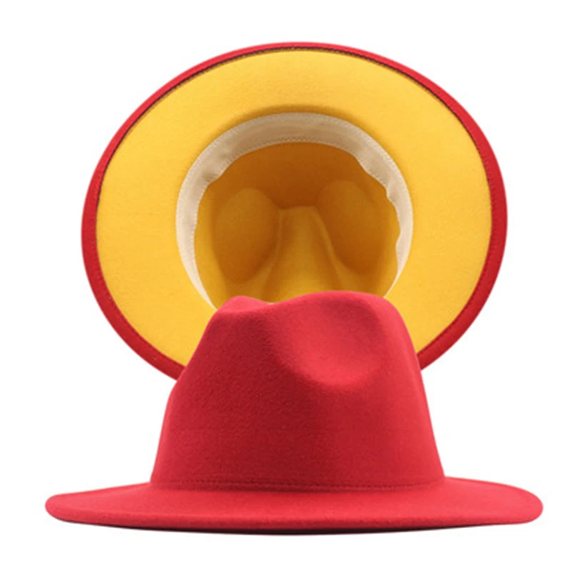 Paprasta geltona ir raudona dvipusis fedora skrybėlę moterų platus kraštų stataus džiazo skrybėlę rudens ir žiemos unisex Panamos skrybėlė Nuotrauka 2
