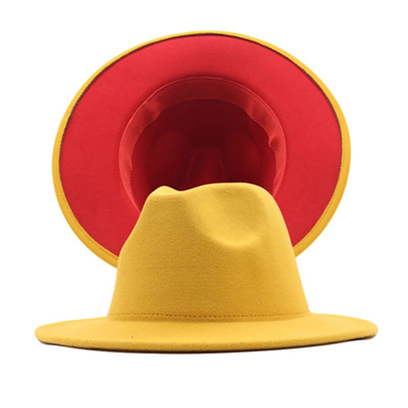 Paprasta geltona ir raudona dvipusis fedora skrybėlę moterų platus kraštų stataus džiazo skrybėlę rudens ir žiemos unisex Panamos skrybėlė Nuotrauka 3