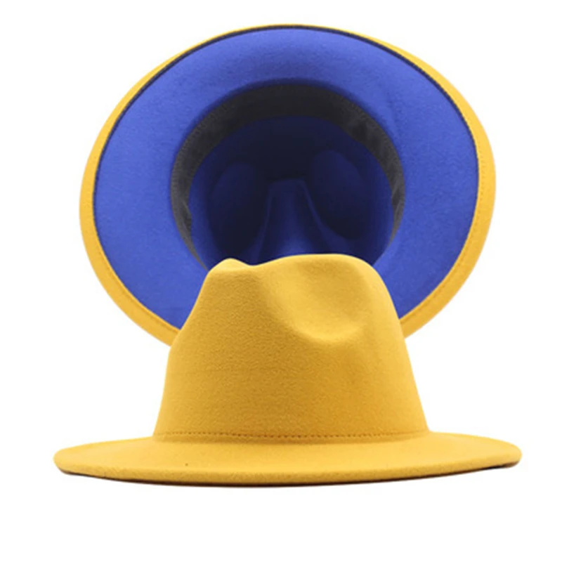 Paprasta geltona ir raudona dvipusis fedora skrybėlę moterų platus kraštų stataus džiazo skrybėlę rudens ir žiemos unisex Panamos skrybėlė Nuotrauka 4