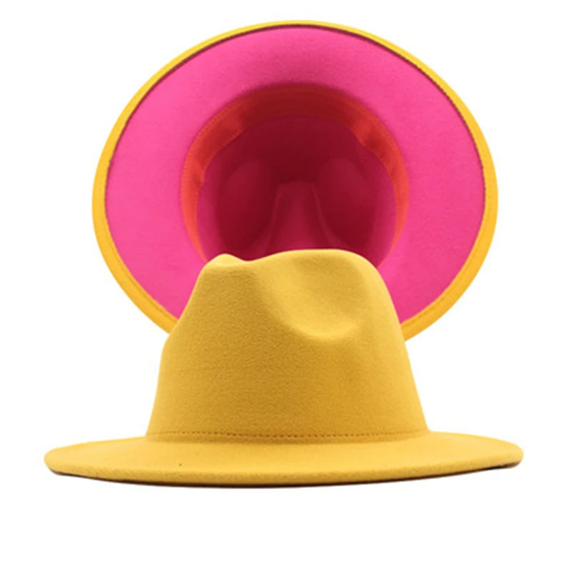 Paprasta geltona ir raudona dvipusis fedora skrybėlę moterų platus kraštų stataus džiazo skrybėlę rudens ir žiemos unisex Panamos skrybėlė Nuotrauka 5