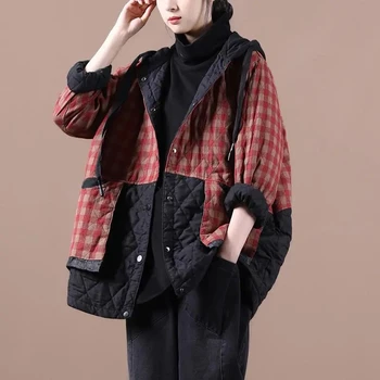 Kinijos Mados Žiemos Stilius Streetwear Viršutiniai Moteriški Prarasti Gobtuvu Kamšalu Jackets Womens Atsitiktinis Pledas Derliaus Paltai Plius Dydis