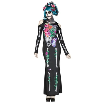 Skeletas Gėlių Zombie nuotaka kostiumas kaukolė helovinas kostiumas suknelė moterims išgalvotas kaukolė spausdinti šalis kostiumai pigiai