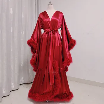Vestuvių Padažu Suknelė Raudona Plunksna, Pūkuotas Chalatas Blyksnius Rankovėmis Suknelės, Vestuvinės Nakties Skraiste Šilko Ilgai Kimono Moteris Nėščia Suknelė