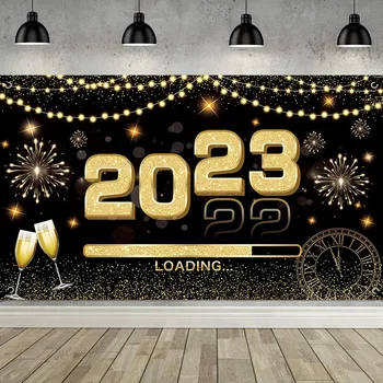 Laimingas 2023 Naujųjų Metų Šaliai Apdailos Juodojo Aukso Fone Audinio Photo Booth Šampano Cheers 2023 Pattern Fonas Foto Rekvizitai