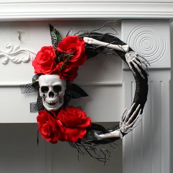 Helovinas skeletas raudona rožė dvasios vertus vainikas Helovinas šalis, vieta, siaubo rekvizitai dekoruoti rotango žiedas