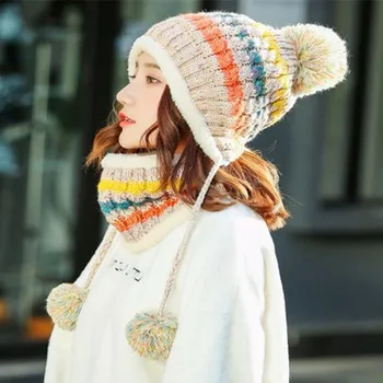 Nauja Hat & Šalikas Nustatyti Moterų Žiemos Skrybėlę Aukštos Kokybės Pridėti Kailio Pamušalu Flanging Bžūp Stilingas Vaivorykštės Juostą Beanie Skrybėlių Moterų Šiltas Storas Ou