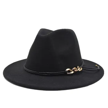 Paprastas, klasikinis juodas džiazo fedora skrybėlę moterų rudenį ir žiemą džiazo skrybėlę platus kraštų tiesiai pusėje su grandinės Panamos skrybėlė