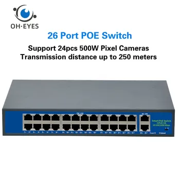 24 Prievadų POE Switch + 2 Gigabit Prievadai Fast Ethernet Tinklo Jungiklio, IP Kameros, Powered POE Adapteris, skirtas Patalpų IP CAM LAN Repeate