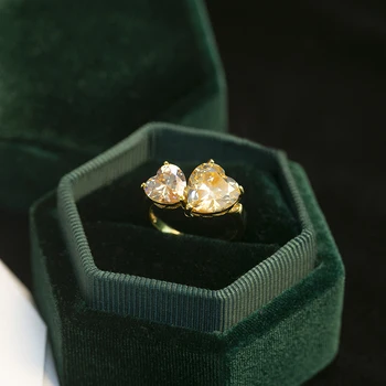 Naujas moterys, geltonasis perlas vestuvių žiedai, dvigubas širdies formos romantizmo saldus dalyvavimo šalies prabangūs papuošalai, dovana draugei