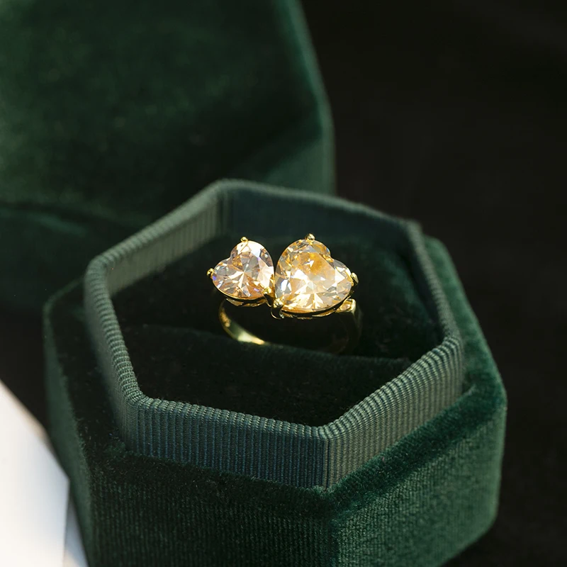 Naujas moterys, geltonasis perlas vestuvių žiedai, dvigubas širdies formos romantizmo saldus dalyvavimo šalies prabangūs papuošalai, dovana draugei Nuotrauka 0