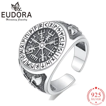 Eudora 925 Sterlingas Sidabro Viking Kompasas, Žiedas Atidarymo Reguliuojamas Amuletas Žiedas Moterims Žmogaus Asmenybės Punk Papuošalai Dovana