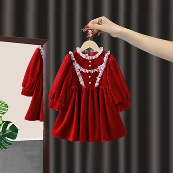 Vaikų Mergaičių Aksomo Suknelė Pavasarį, Rudenį Naujų Raudona Kalėdų Suknelių Mados Korėjos Versija, O-Kaklo Nėrinių Kratinys Vidurio Ilgai Frock