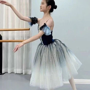 Profesinės Vaikai Ilgai Tamsiai Mėlynos Balerinos Suknelė Mergaitėms, Vaikams Veiklos Kostiumas Konkurencijos suaugusi Moteris Ballerina