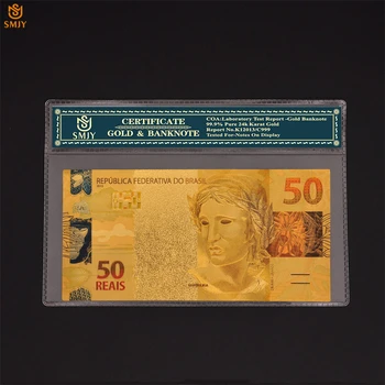 Pasaulio Suvenyrų Aukso Banknotų Brazilija R$ 50 Reasl Valiuta Popieriaus Padirbtų Pinigų Kolekcija Su COA Rėmelį