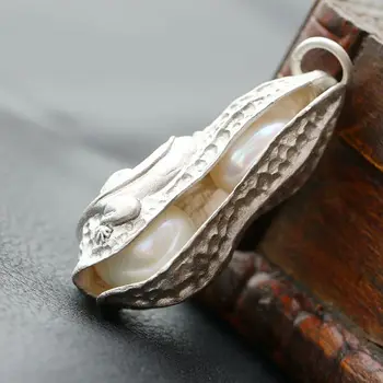 925 sterlingas sidabro pakabukas, rankų darbo sidabro inkrustacijos gamtos perlas sidabro pakabukas atkurti senovės būdų, kaip žemės riešutai