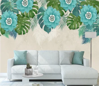 Individualizuotos fono paveikslėlį ranka-dažytos augalai, mėlyna, švieži ir elegantiškas miegamojo sienos fone 8D sienų dangos