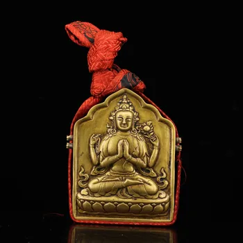 Antikos kolekcija Tibeto vienuolynas renka senas gryno vario rankų darbo Tibeto Budizmas tantros keturi ginkluoti Guanyin Gawu dėžutę