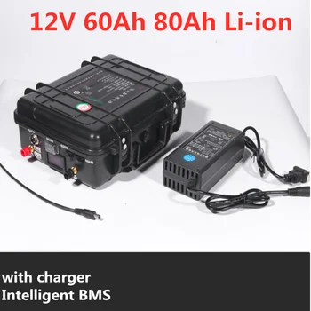 Atsparus vandeniui atveju, Li-ion akumuliatorius 12V 60Ah 80Ah Ličio jonų Baterija su BMS ir saulės sistema +5A įkrovikliu