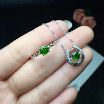 Natūrali žalioji diopside perlas Žiedas, Pakabukas Natūralus Akmuo Juvelyrikos Nustatyti 925 Sidabro Mados Maža apvali mergina šalis dovana fine jewelry