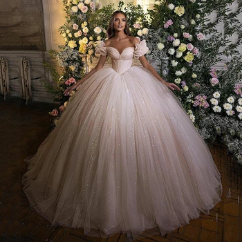 Blizgučiai Vestuvių Suknelės 2023 Nuo Peties Brangioji Elegantiškas Trumpomis Rankovėmis, Plisuotos Balto Tiulio Princesė Vestuvinės Suknelės Vestido