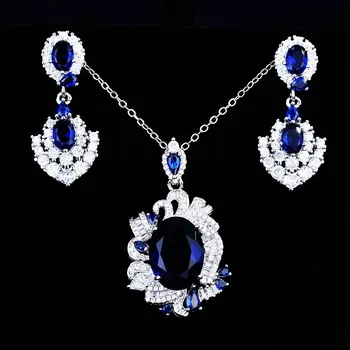 Royal Mėlyna Brangakmenių Balto Aukso Užpildytas Papuošalų Rinkiniai Moterims Safyro Kristalų Deimantų Auskarai, Pakabukas Karoliai Individualizuotos Dizainas