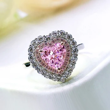 Mados 100% 925 Sterlingas Sidabro Žiedas 7*7 MM Širdį Supjaustyti Rožinė Safyro Sukurta Moissanite Akmuo Sužadėtuvių Žiedai Smulkūs Papuošalai