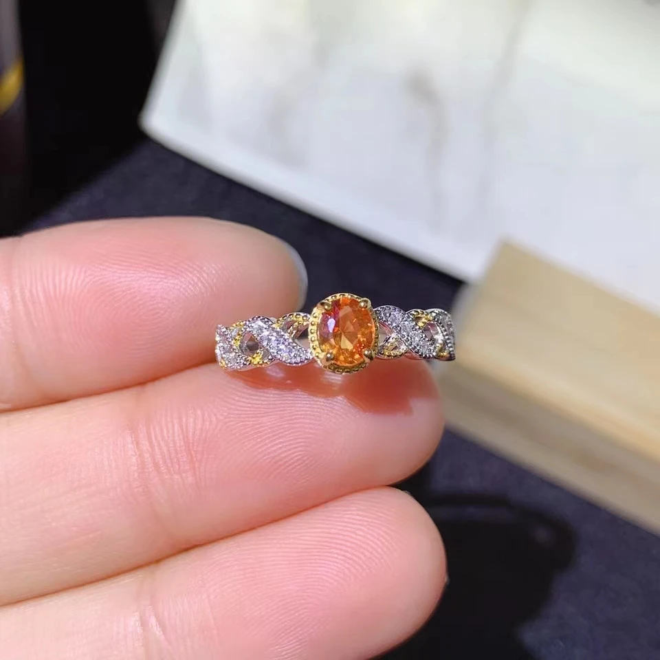 925 Gryno Sidabro Kinų Stiliaus Gamtos Oranžinis Safyras Moterų Prabanga Populiarus Dviejų spalvų Reguliuojamas Perlas Žiedas Fine Jewelry Parama Nuotrauka 1
