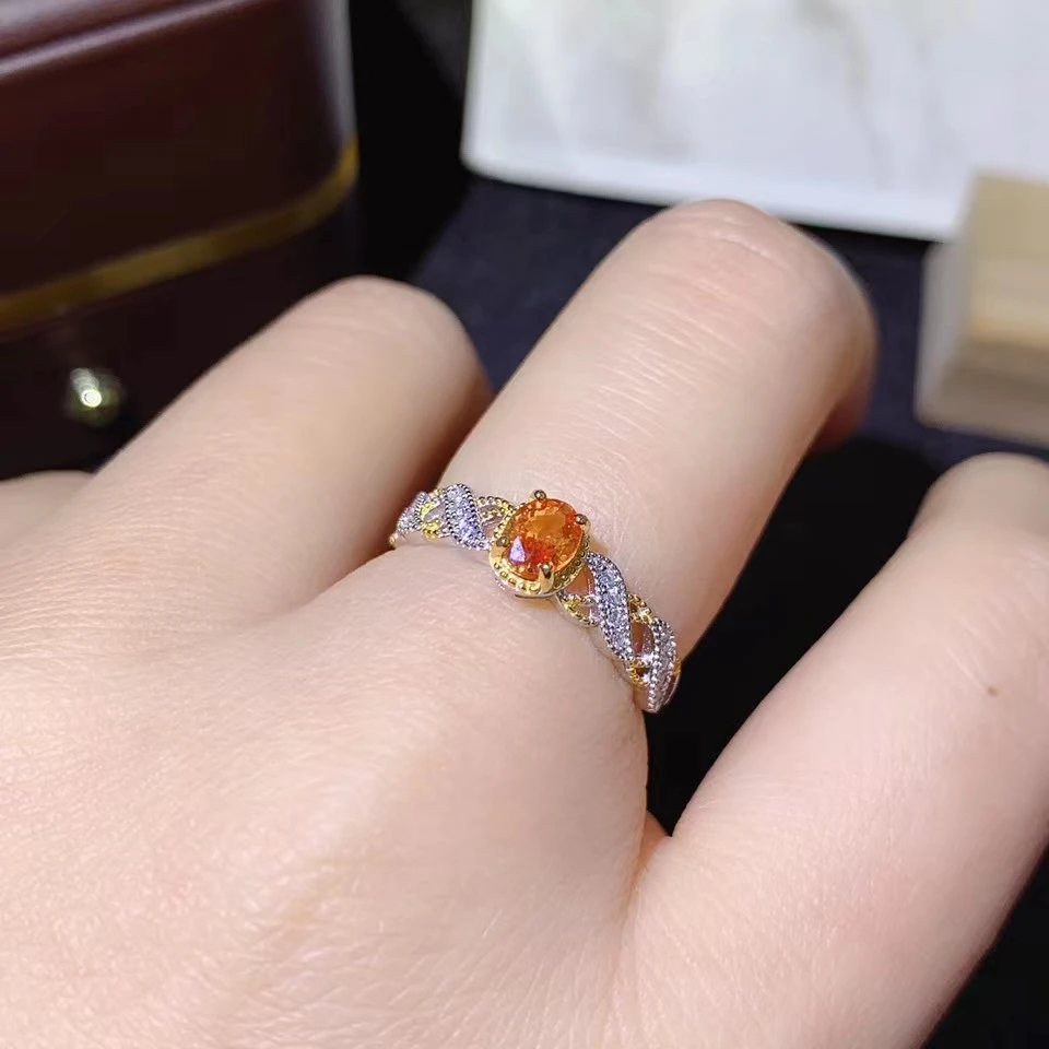 925 Gryno Sidabro Kinų Stiliaus Gamtos Oranžinis Safyras Moterų Prabanga Populiarus Dviejų spalvų Reguliuojamas Perlas Žiedas Fine Jewelry Parama Nuotrauka 4