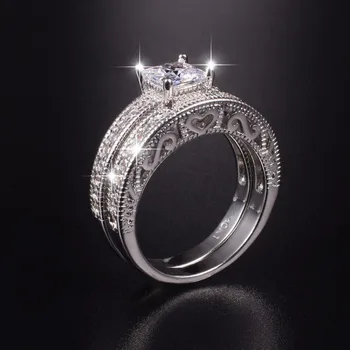 Antikos Stiliaus Sužadėtuvių 10KT Balto aukso Padengtą ple žiedai Princesė iškirpti Imituoti Deimantų Vestuvių Juostoje Žiedas rinkinys Moterims, dovana