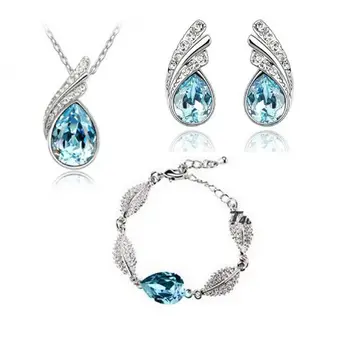 Geriausia pardavimo Fine jewelry kristalų jūros mėlyna 925 sterlingas sidabro moterų vestuvių karoliai, auskarai, apyrankės rinkinį, dovanų S0130