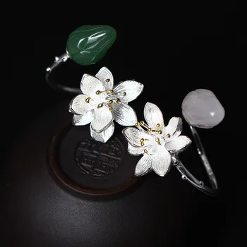 S925 Sidabro Lotus Atidaryti Žiedas Derliaus Etninės Jade Pink, Green Crystal 