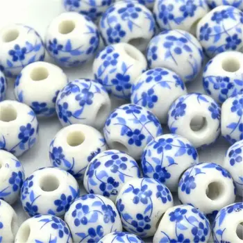 20pcs Baltos Spalvos Su Mėlyna Dizaino Apvalus Keraminių Rutuliukų ekologiška Medžiaga, 8mm
