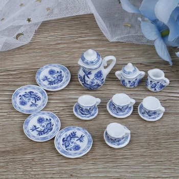Mini keramikos arbatos rinkinys, Mėlynos ir baltos arbatos rinkinys Scena modelis 1:12 Lėlės namas priedai Mėlyna Gėlė Patten Porceliano Kavos puodelio