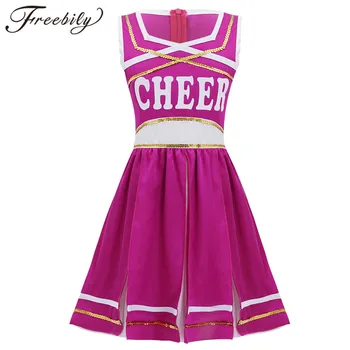 Vaikai Cheerleader Kostiumai Kratinys NUDŽIUGINTI Spausdinti Cheerleaders Šokių Suknelė Mergaitėms Vaikų Competiton Cheerleader Uniformas Suknelė