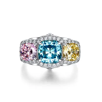 S925 sterlingas sidabro žiedas naujų spalvų deimanto žiedas moterų modelis inkrustacijos geltona mėlyna milteliai asmenybės kontrastas žiedas