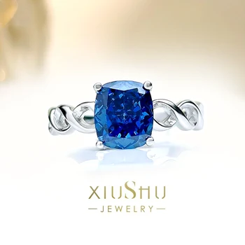 2-Karatų Riebalų Aikštėje Blue Diamond Ring Moterų Paprastu Būdu Kietas Stilius Nišą Dizaino 925 Sterlingas Sidabro Inkrustacijos Temperamentas Da