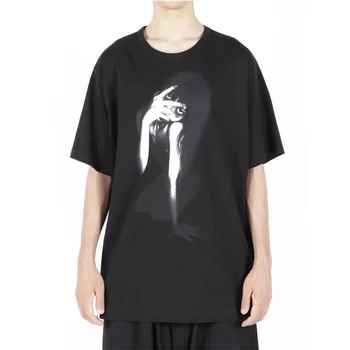Yamamoto Tamsiai Facepalm Mergina Yohji Spausdinimo Pūdymas Trumpomis Rankovėmis T-Shirt Vyrams Ir Moterims